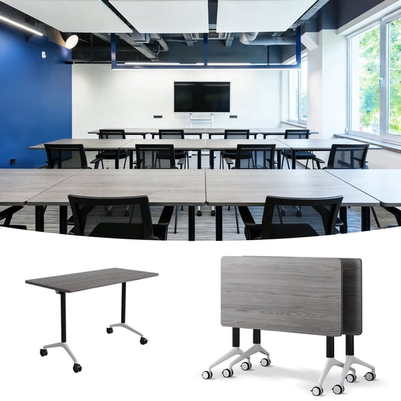 2Pcs Flip Top Training Table ,61.0 x 19.6 in Conference Room Tables, Modern Grey Nesting Table