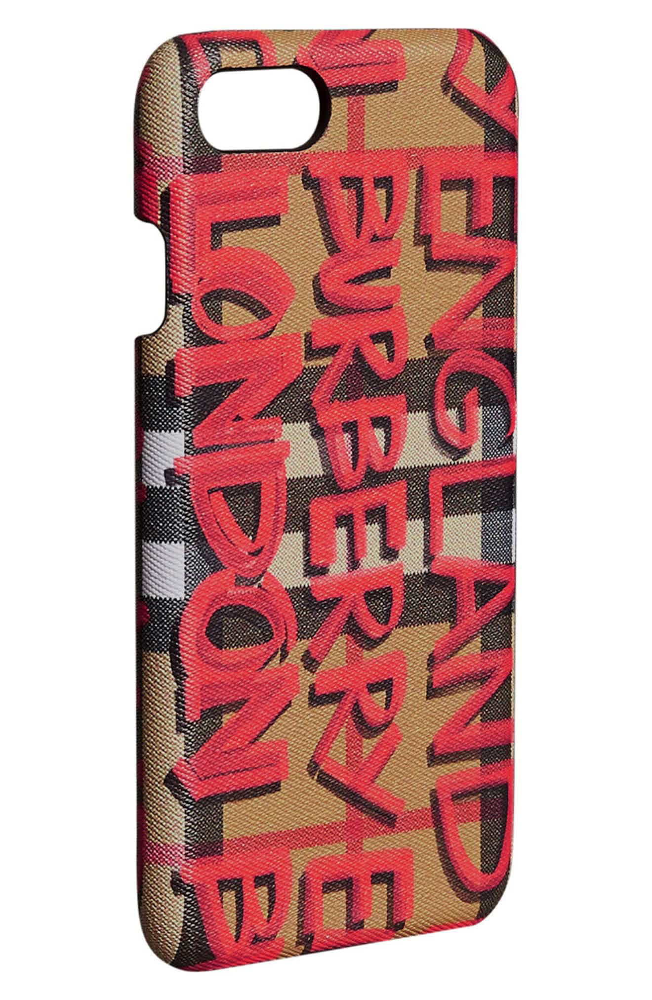 Burberry Red Ladies Vintage Graffiti Check Leather Iphone 7 Case -  