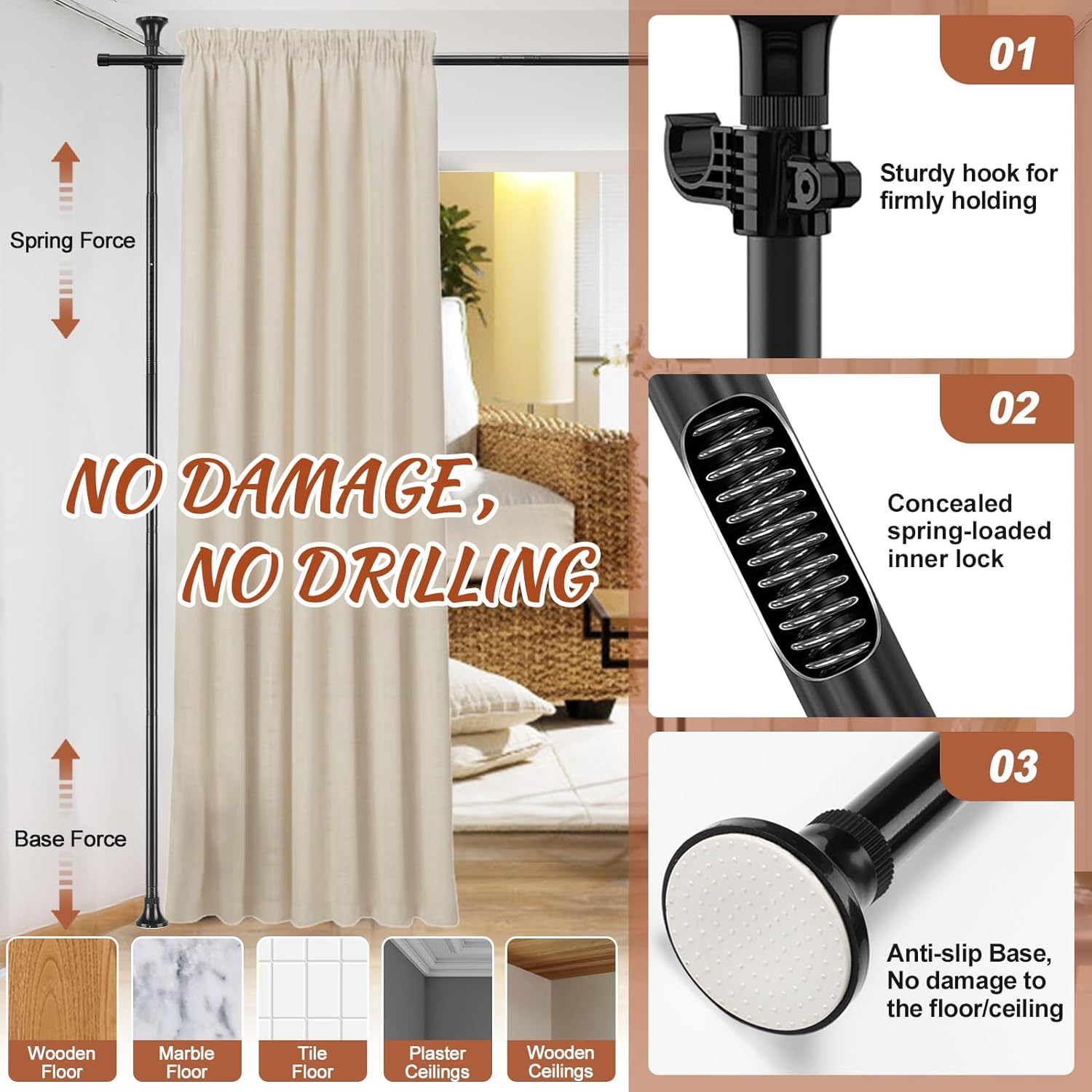 CHEASYOU Black Room Divider Curtain Rod, No Drilling Room Curtain Divider, Adjustable 4-10 ft(H) 28-70 inch(W) Heavy Duty Floor to Ceiling Tension Curtain Rod