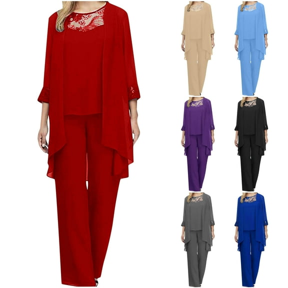 Yeaiivve Mother of The Bride Pants Suits for Women Plus Size 3 Piece Set Formal Wedding Chiffon Outfit Sets Blue S