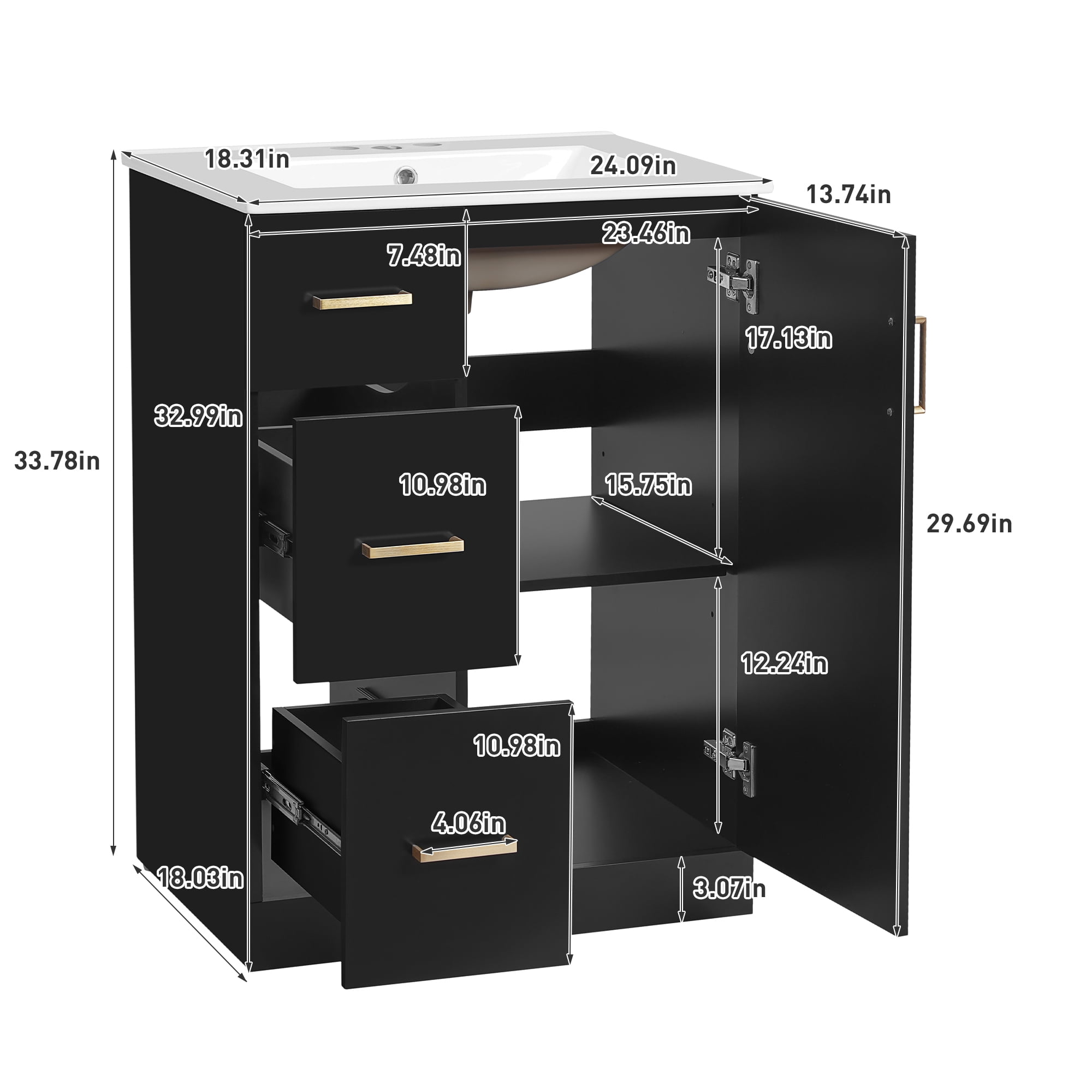 Euroco 24" Modern Bathroom Vanity with Sink, Small Bathroom Sink Cabinet with 2 Drawers and Soft-Closing Door, Under-mount Sink Bathroom Cabinet with Drawers