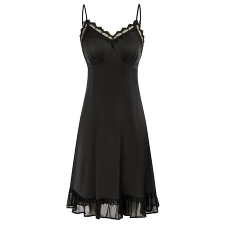 

Belle Poque Women Lace Trim Full Slip Comfy Spaghetti Strap V-Neck Ruffled Hem Slip Dress silk pajamas for women