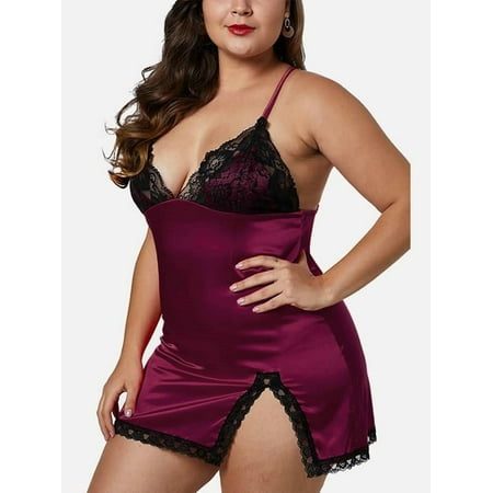 

FASHIONWT Women Sexy Lace Plus Size Sexy Lingerie Mini Dress See-through Babydoll Nightdress Set