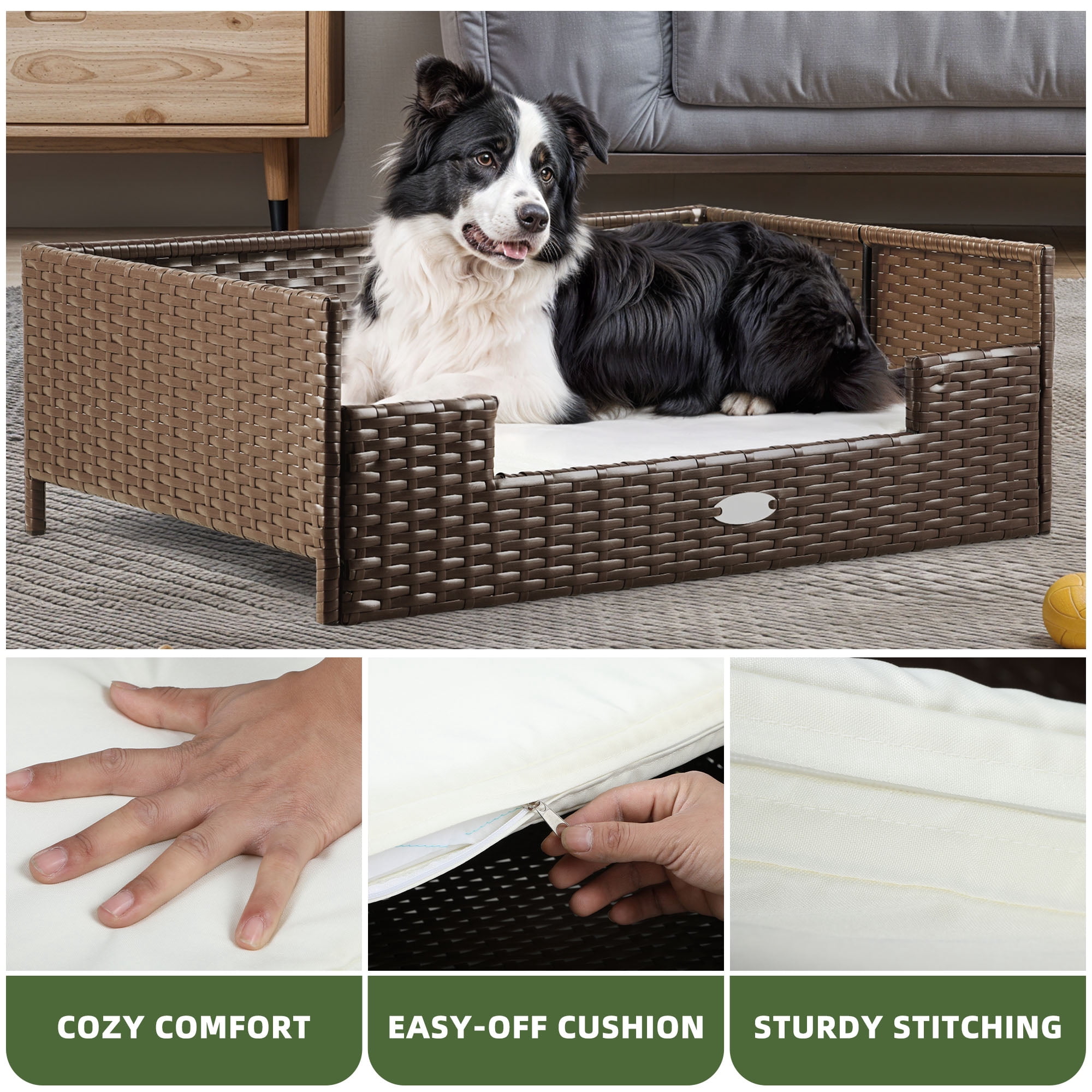 Uforic Rattan Dog Sofa Bed with Beige Cushion,Wicker Pet Bed Sofa Indoor Outdoor,All-weather Protection, Brown&Beige,34.6"L x 23.6"W x 11.8"H