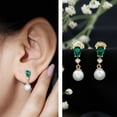 thumbnail image 4 of Rosec Jewels Freshwater Pearl Drop Earrings with Lab Grown Emerald and Moissanite - AAA Grade, 14K Yellow Gold, 4 of 7