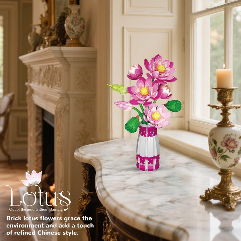 GZBrick Lotus Bouquet Building Block Set with Vase for Adults 14+