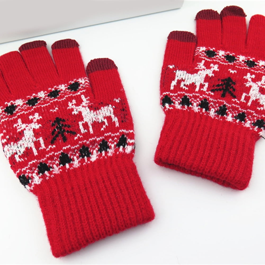 Warm Winter Unisex Gloves Deer Pattern Wool Knitted Mittens Covered Finger Glove 