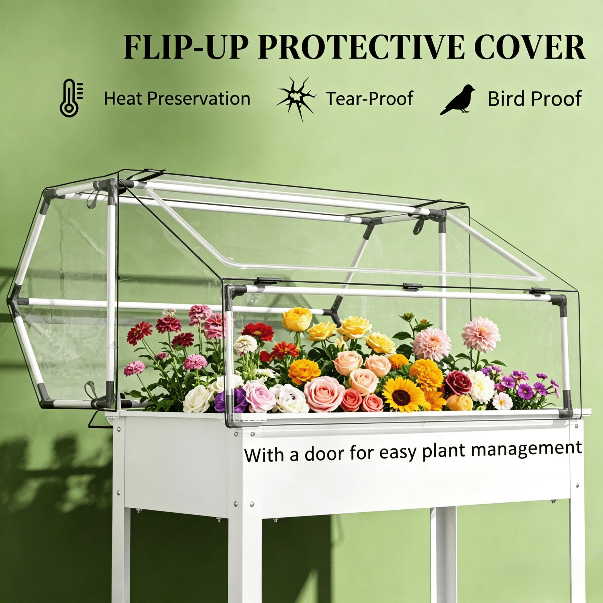 White 2-in-1 Raised Planter Box with Greenhouse Cover, Elevated Garden Bed with Flip-Up Door, Metal Steel Frame, Drainage Hole, 110 Lbs Capacity for Outdoor Plants Vegetables Herbs
