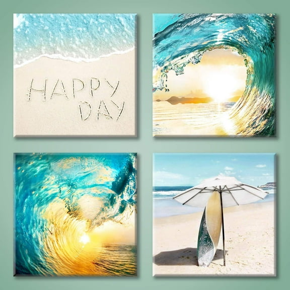 Seascape Pictures Wave Wall Art: Light Blue Wave & Surfboard under the Parasol Canvas Painting Print for Bathroom (12'''' x 12'''' x 4 Panels)