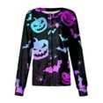 thumbnail image 2 of DENGDENG Halloween Women Scrub Jacket Snap Front Pumpkin Bats Print Workwear Nursing Uniform with Pockets Button Down Long Sleeve Halloween Scrubs Graphic Fall Jackets 2024 Purple S, 2 of 4