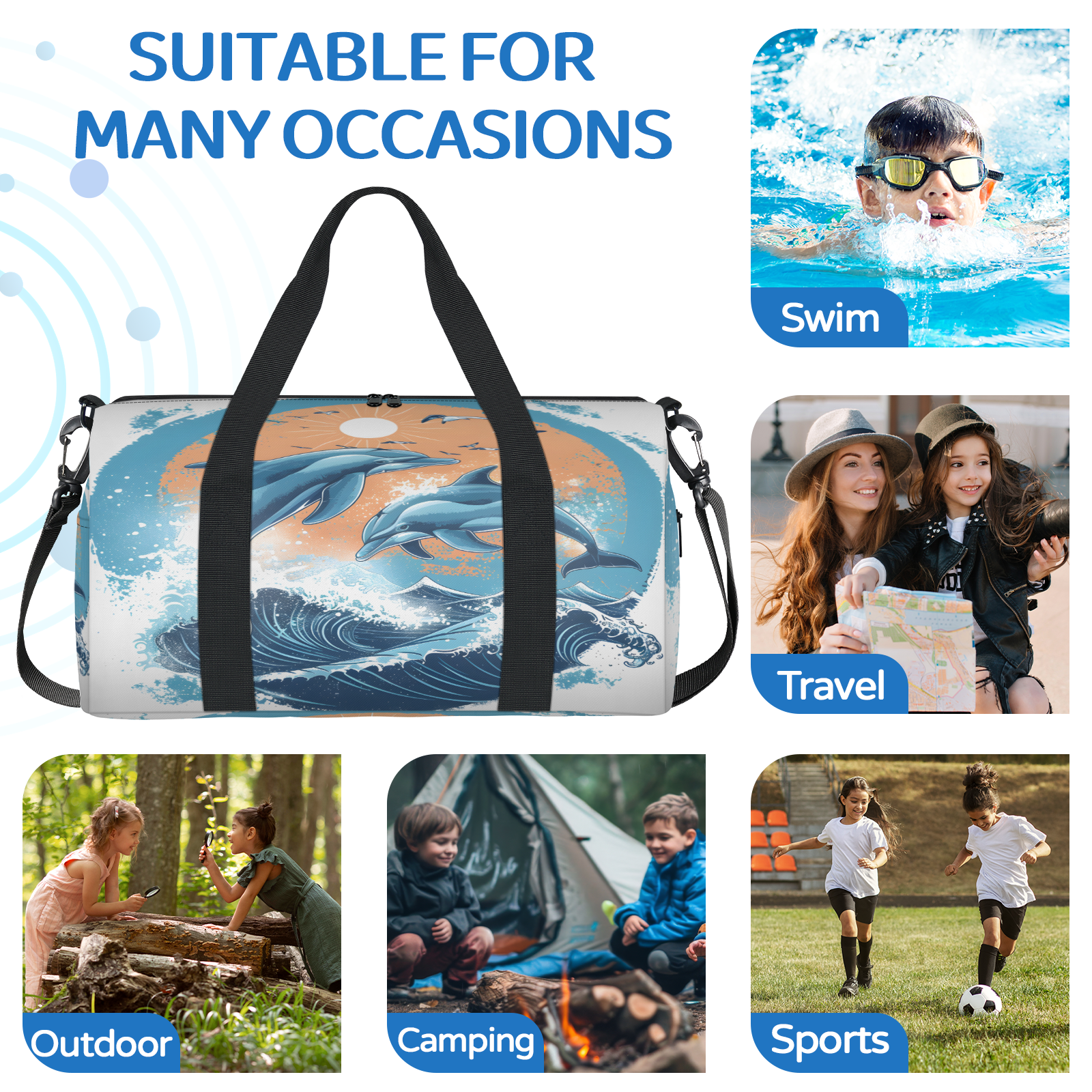 Herdesigns Dolphin Travel Duffle Bag Sports Yoga Weekender Overnight Carry on Workout Bags Lightweight Waterproof Gym Tote Bag for Women Sea Animals Blue Ocean