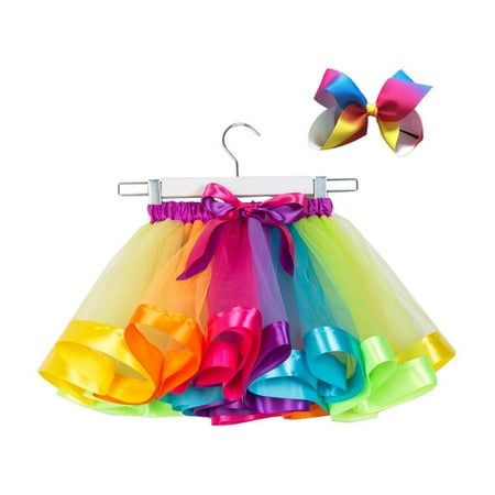 Karoyedx Tennis Skirts Layered Ballet Tulle Rainbow Tutu Skirt for Little Girls Dress Up with Colorful Hair Bows Multicolor Size 10 Years