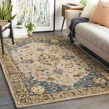 Hauteloom Rozel Boho Hand Tufted Wool Natural Fiber Soft Area Rug - Traditional Floral Carpet for Living Room, Bedroom, Dining Room - Oriental Medallion - Blue, Mustard, Beige - 2' x 3'