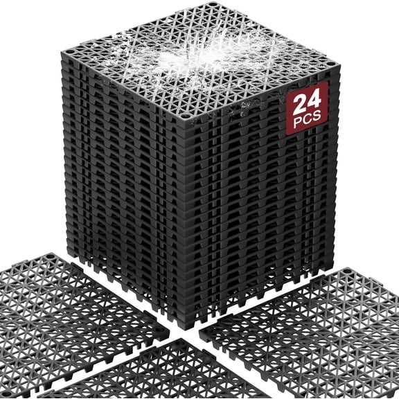 Mophoto 24 PCS PVC Garage Floor Tiles 12"x12"x0.6" Non-Slip Heavy-Duty Interlocking Drainage Mat Modular Splicing Flooring Tile for Garage Garden Patio Pool(Black)