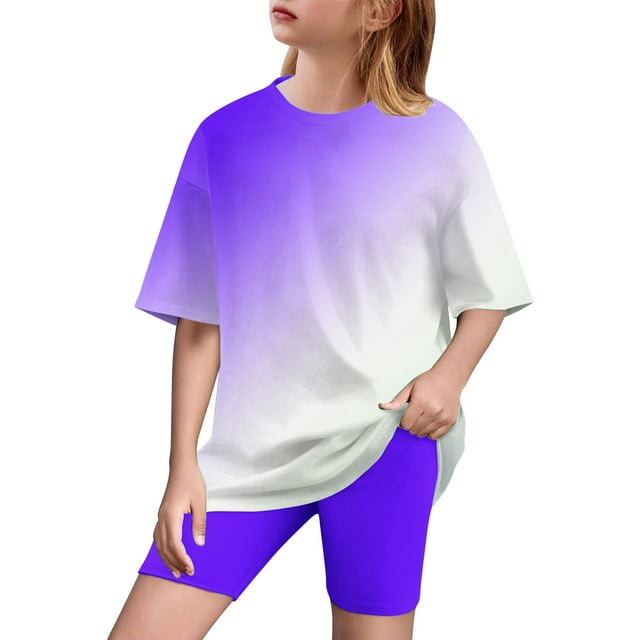 Plebaso Girls Clothes Summer Gradient Color 2 Piece Short Sleeve T-Shirts Biker Shorts Sets for Kids