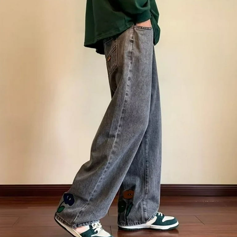 Mens Y2K Flower Printed Baggy Jeans Vintage Straight Pants Mens Y2K Flower Printed Baggy Jeans Vintage Straight Pants