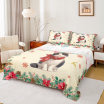 Homewish Cute Cat Animal Queen Sheet Sets for Teen, Cartoon Xmas Reindeer Flat Sheet, Western Winter Christmas Queen Fitted Sheet, Microfiber Bedroom Decor, 4-Piece