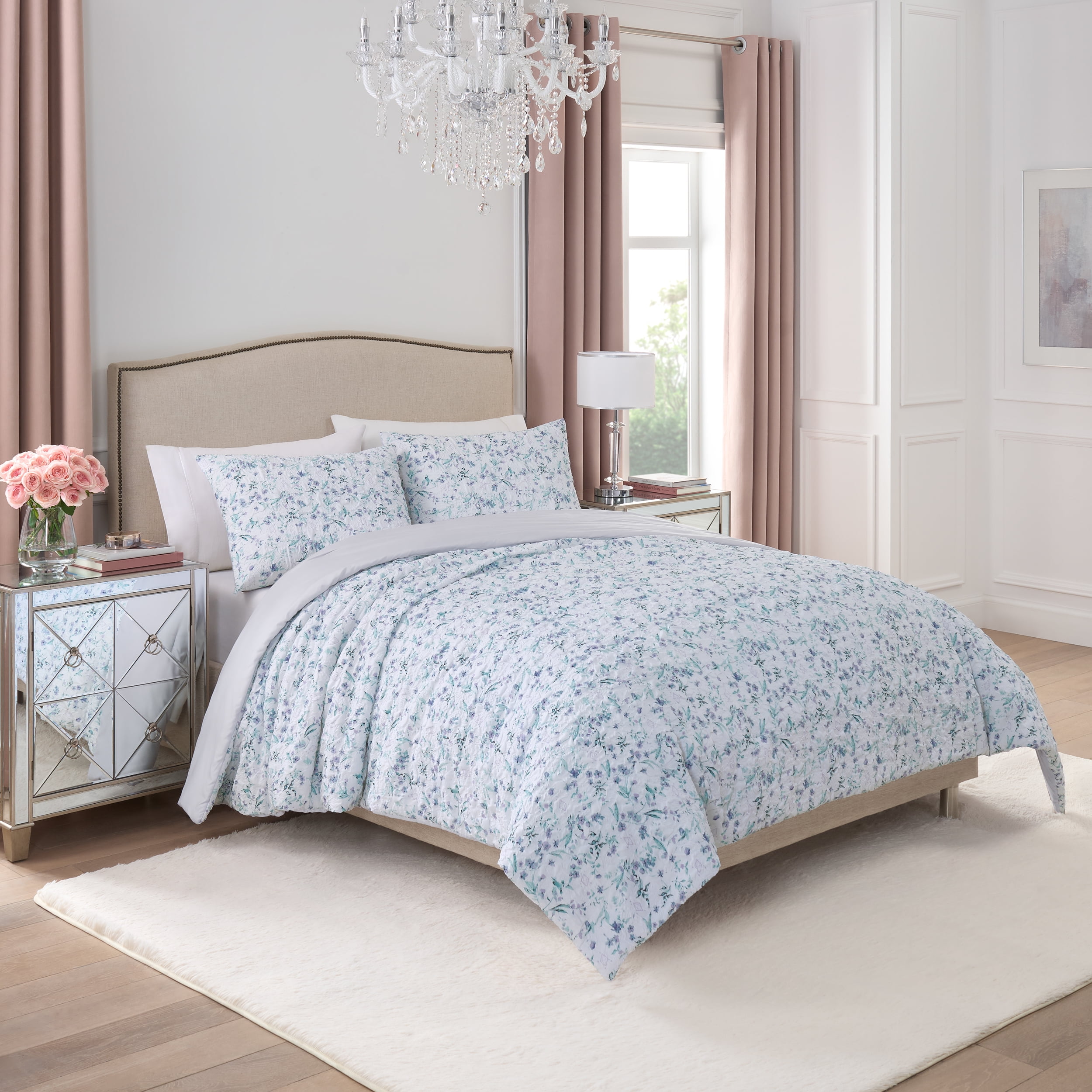Paris Hilton Camille Lilac Grey Floral Quilt Set, King, Reversible 3-Piece Bedding, Lightweight