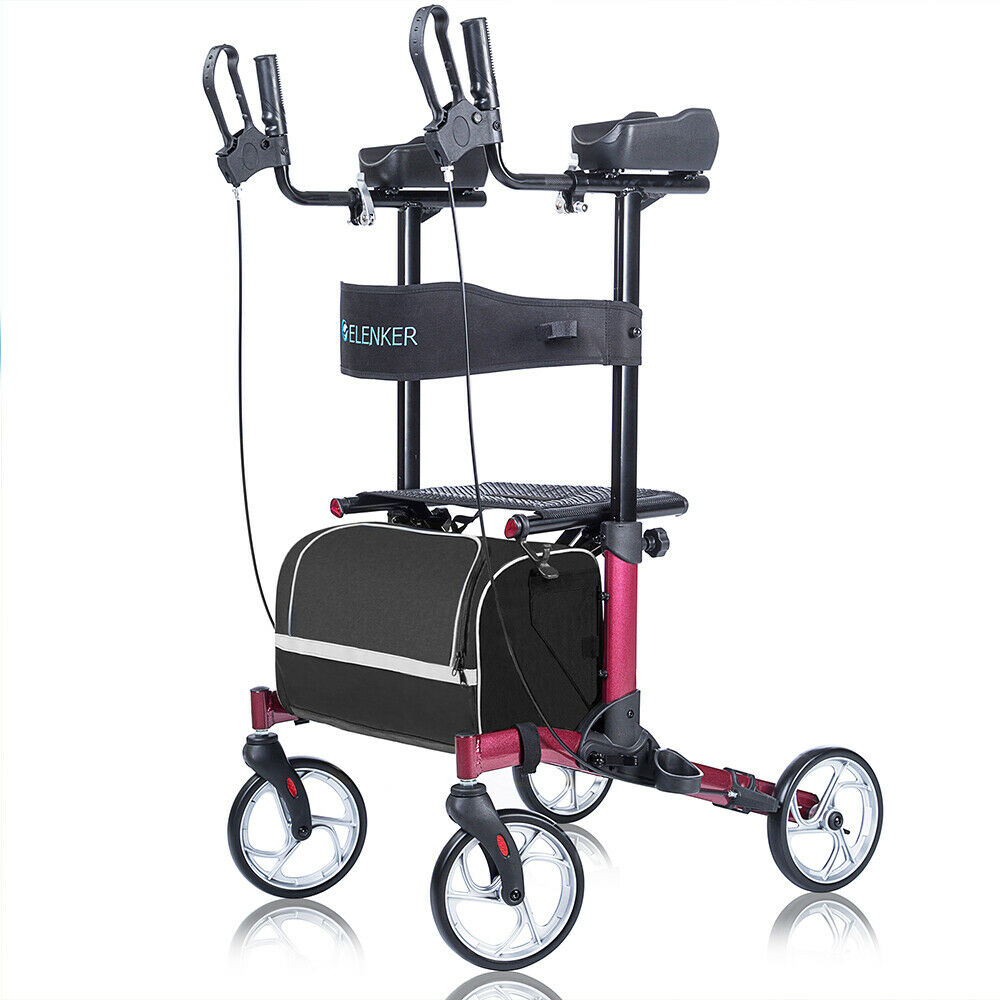 ELENKER Upright Rollator Walker, Stand up Tall Rollator Walker for Seniors, Wine Red [Used