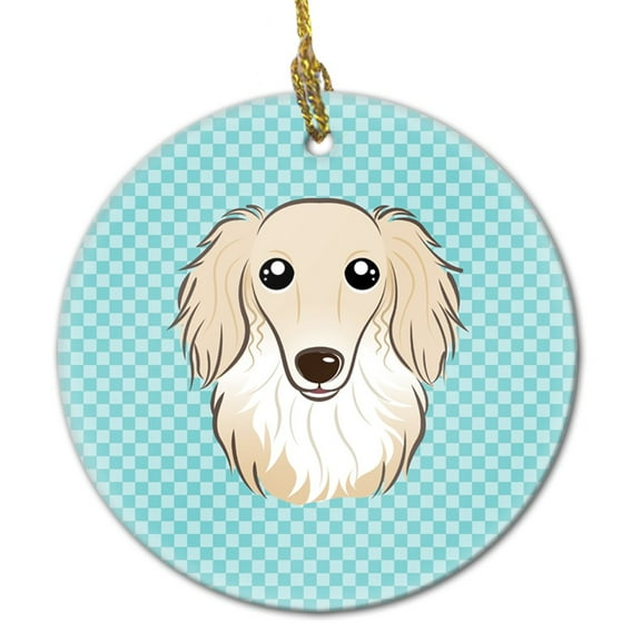 Carolines Treasures BB1150CO1 Checkerboard Blue Longhair Creme Dachshund Ceramic Ornament  3 in multicolor