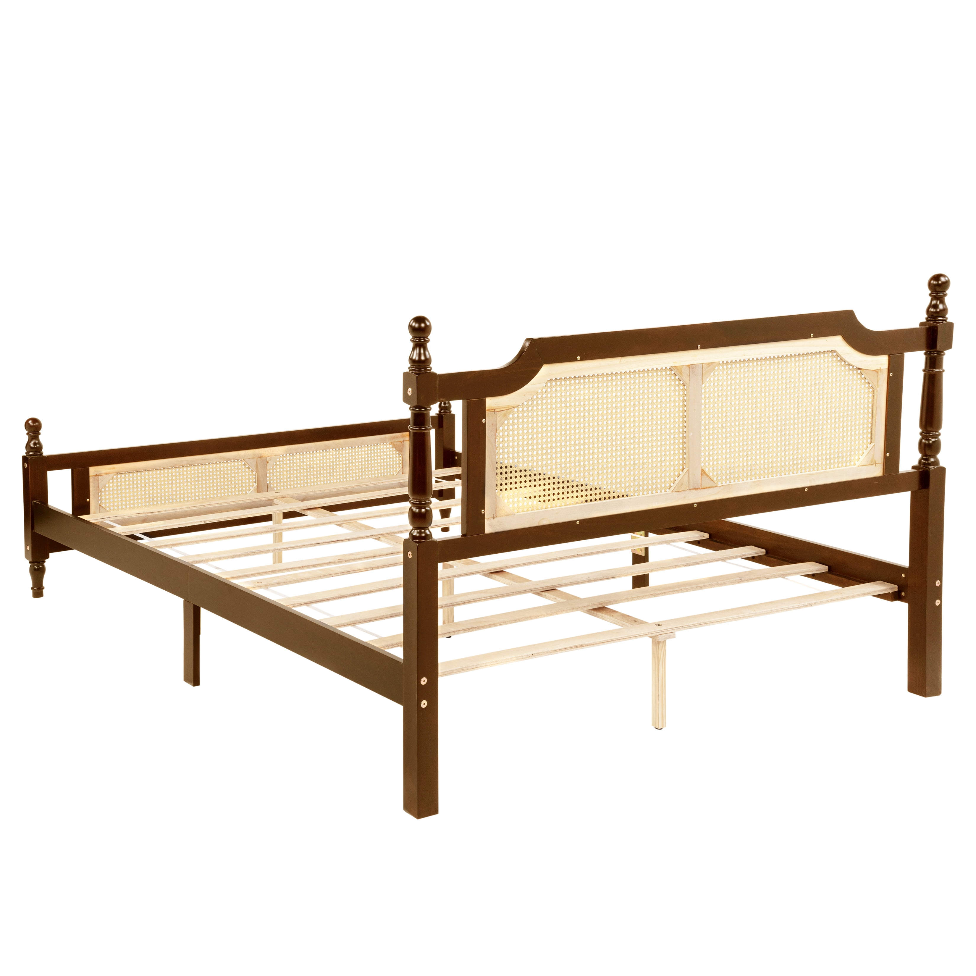 Miniyam Queen Size Rattan Bed with Spherical Bedposts for Adult, Walnut
