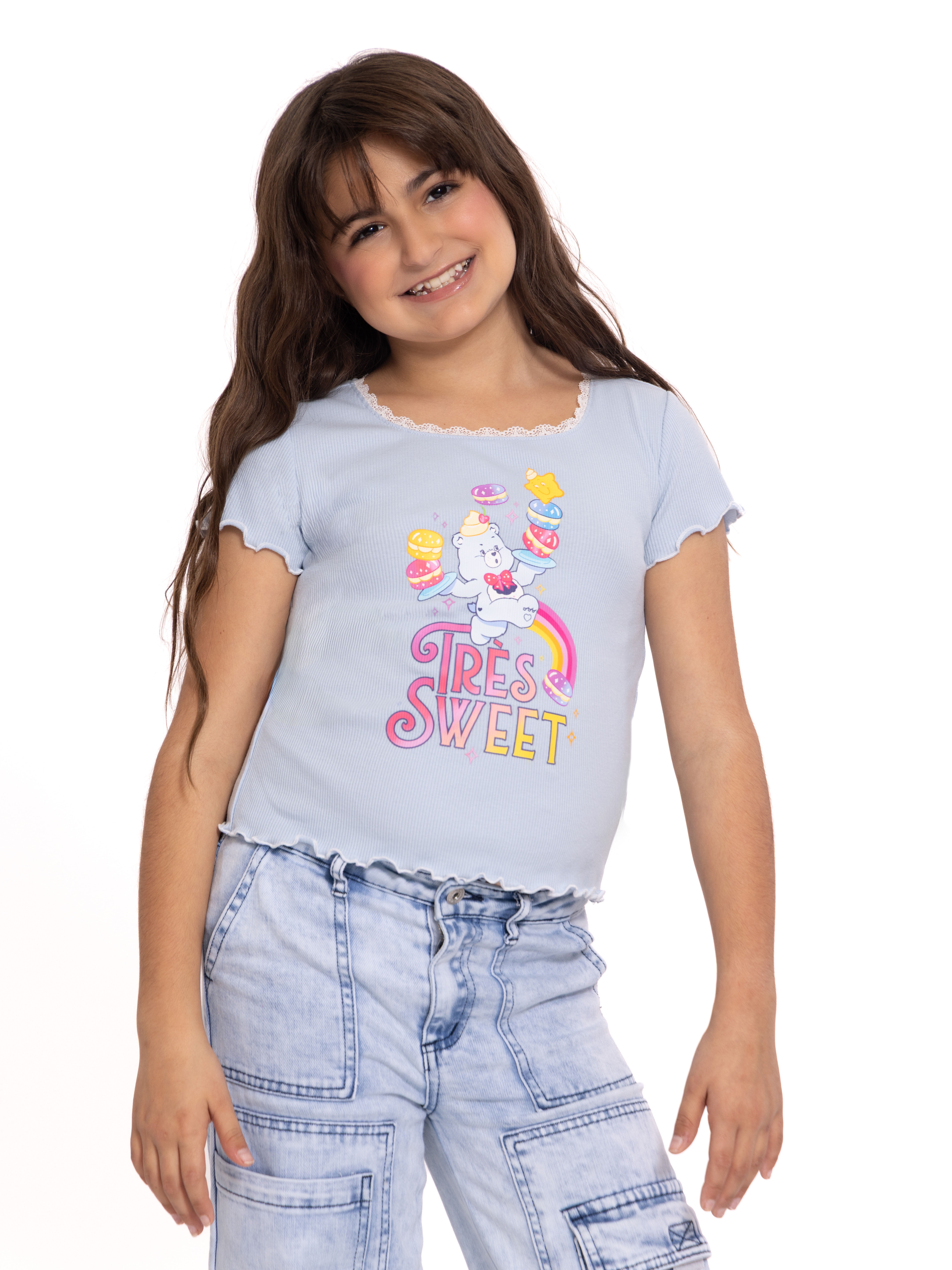 Care Bears Girls Purl Edge Graphic Tee with Short Sleeves, Sizes 4-16