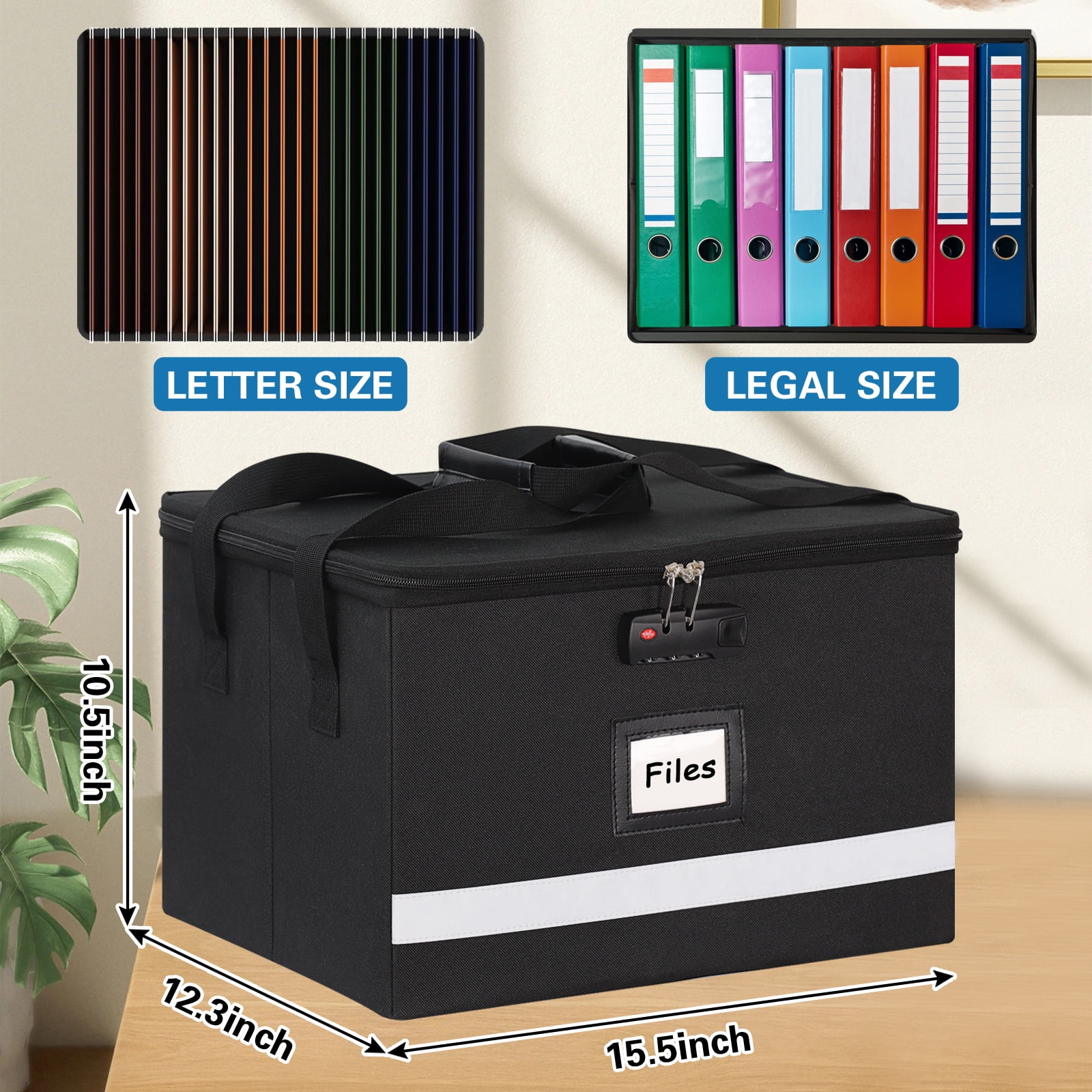 Upgraded File Box with Lock, Document File Organizer Box with Water-Resistant Zipper & Adjustable Handle, Collapsible Filing File Cabinet for Hanging Letter/Legal Folder (Black)