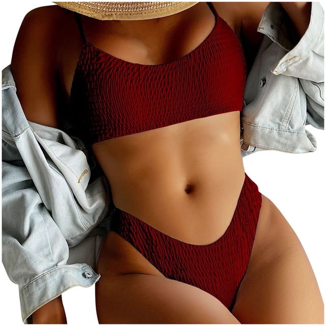 Xysaqa Bikini Sets for Women Two Piece Swimsuit Ruched Bathing Suit High Cut Bottom Bikini Set (No Padded)