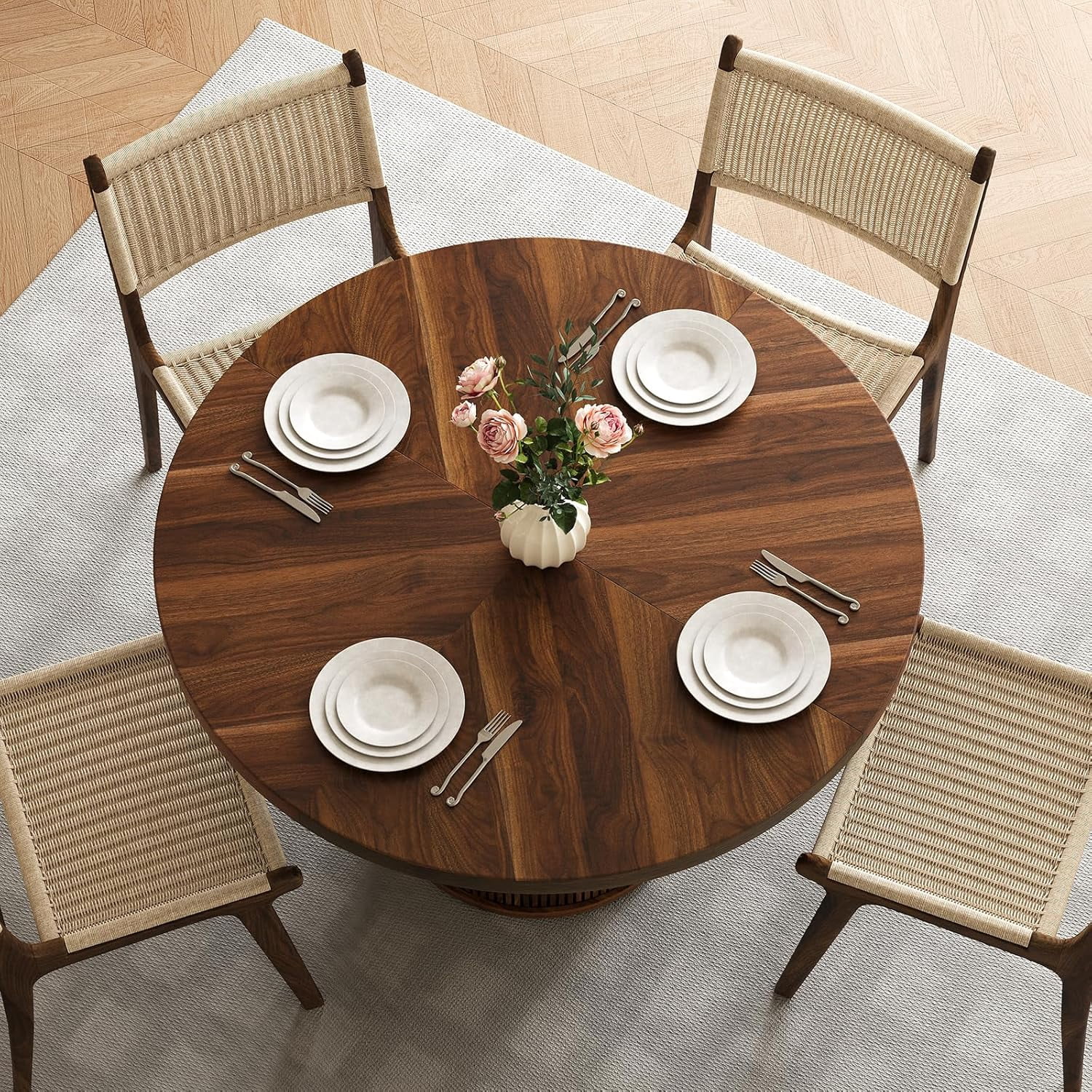 47 inch Round Dining Table for 4, Farmhouse Kitchen Table with 2-Layer Storage Shelf and Wood Slide Door Modern Dinner Table or Home Dining Room Living Room (Walnut)