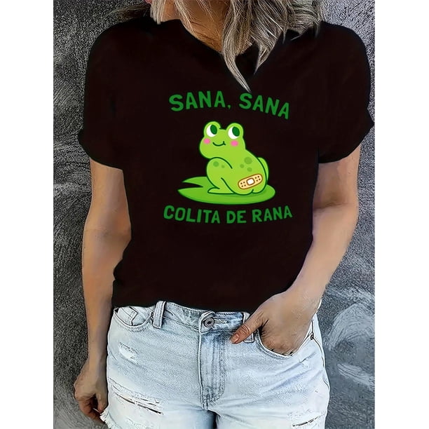 Women's Casual Round Neck T-Shirt with Frog Print, Short Sleeve, Comfortable Summer Top, Polyester and Spandex Blend, Machine Washable