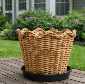 10" Wave Rattan Planter Pot with Black Plastic Saucer | Woven by Quality Indonesian Rattan | Durable Scalloped Rim Design | Lightweight Plant Pot | Home & Garden & Indoor & Outdoor Use