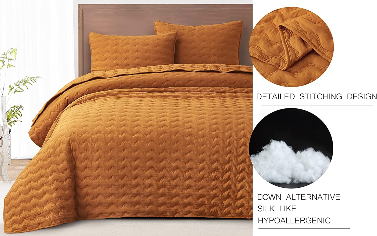 Chezmoi Collection Destiny 3-Piece Spice King Size Quilt Set - Stone-Washed Soft Microfiber Lightweight Quilted Bedspread Coverlet Set for All Seasons Wavy Line Stitching