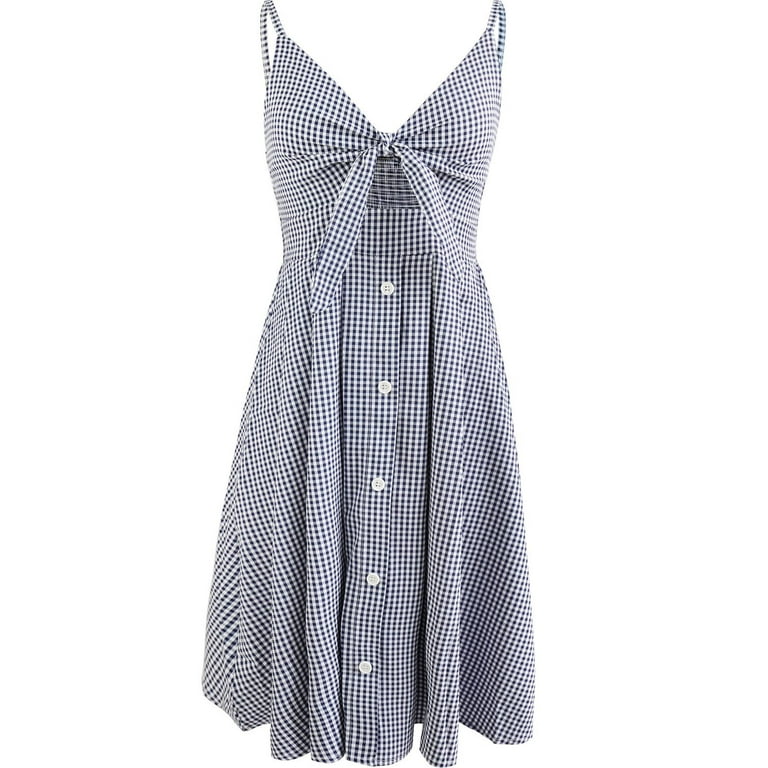 FANCYINN Womens Plaid Print Tie Front Button Down Spaghetti Strap