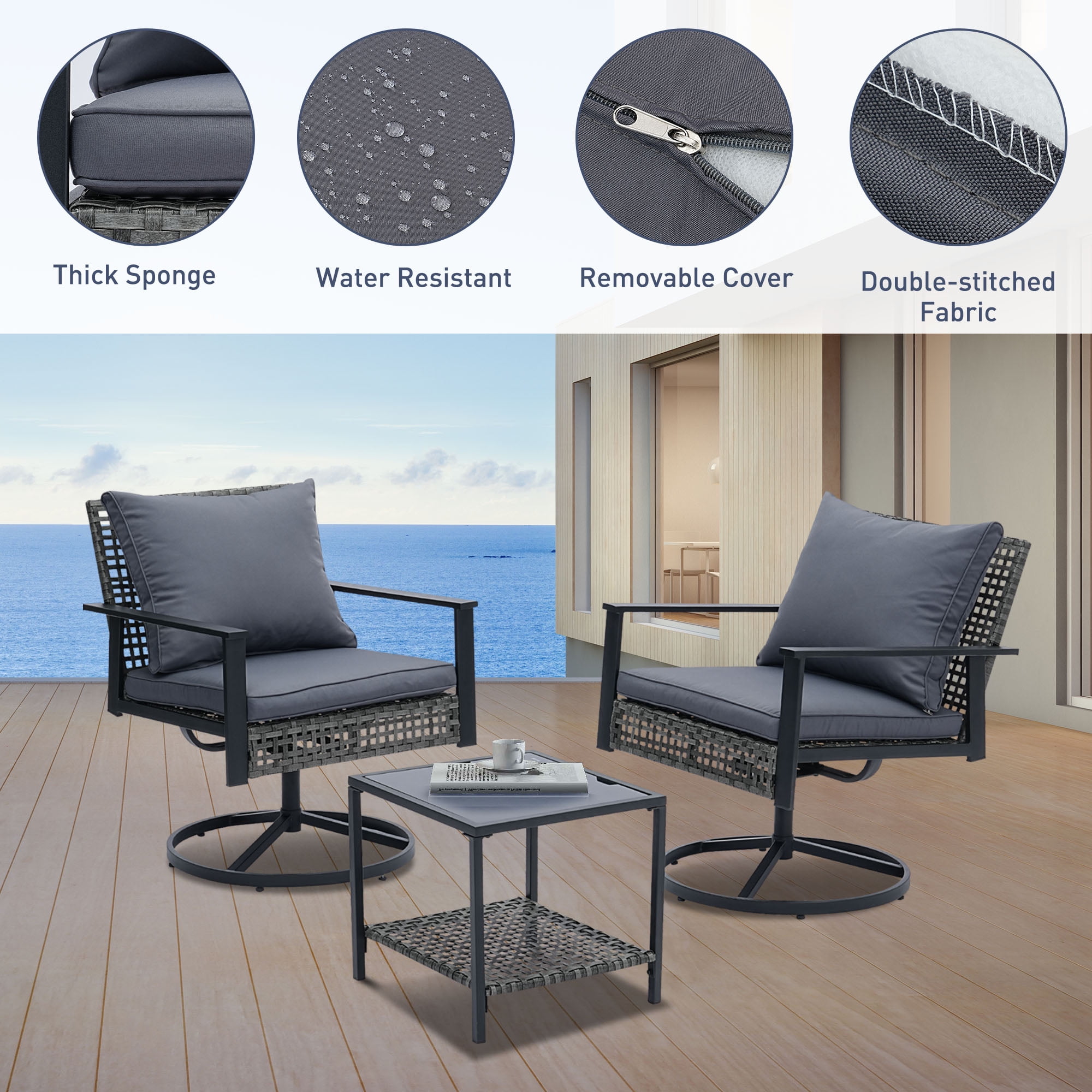 Ainfox Premium Patio Swivel Bistro Set,3-Piece Ourdoor Furniture Set,Wicker Rattan Coversation Rocking Chairs w/Glass Top Table & Cushions,Grey