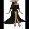 thumbnail image 3 of Vestido Informal de Lunares con Hombros Descubiertos para Mujer, con Volantes, Corsé, Borlas y Cintura Alta, con Abertura y Abertura, Color Liso Negro S, 3 of 8