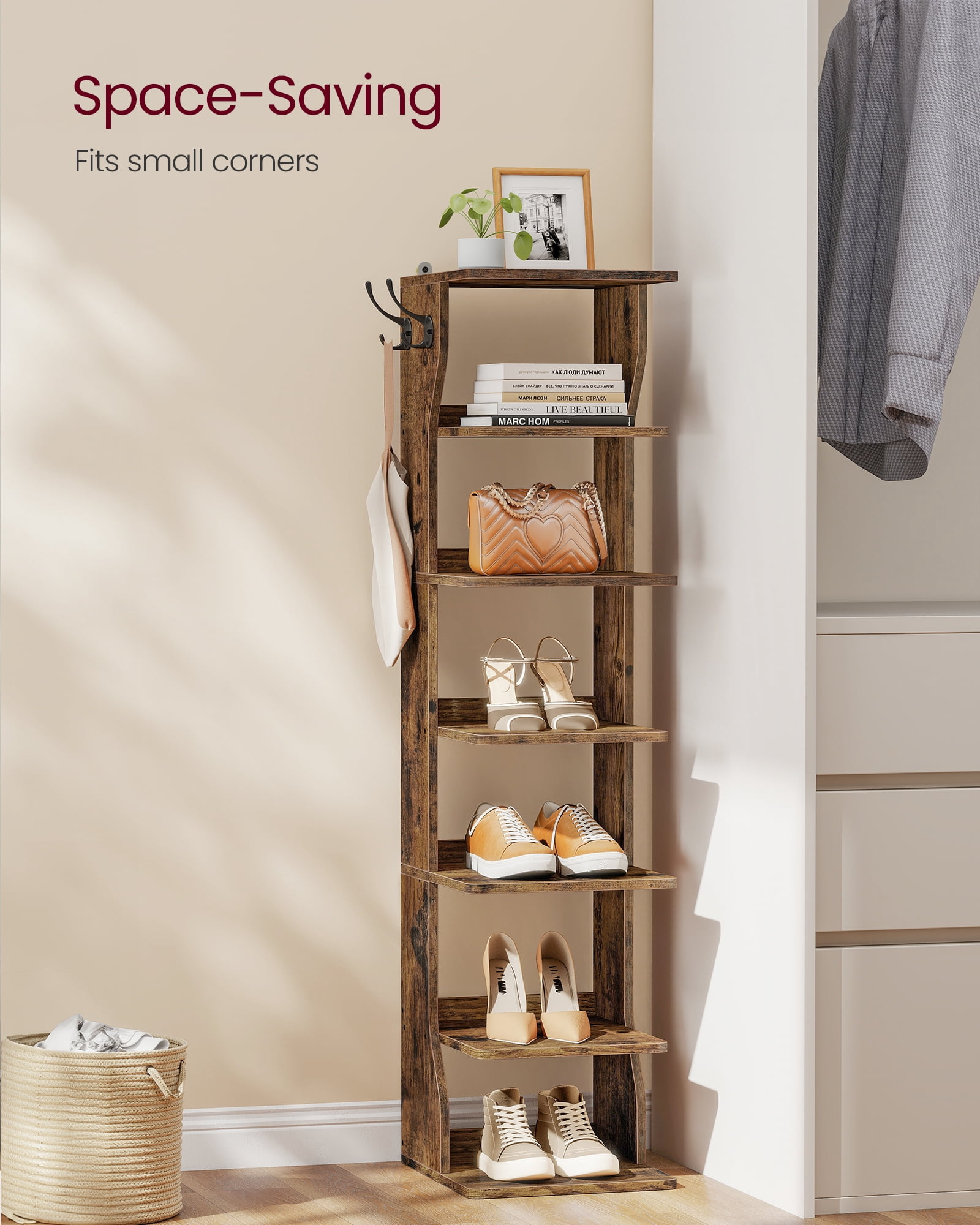 VASAGLE 7-Tier Vertical Shoe Rack, Narrow Shoe Storage Organizer with Hooks, Corner Tower Shelf, Space-Saving for Entryway and Bedroom, Rustic Brown