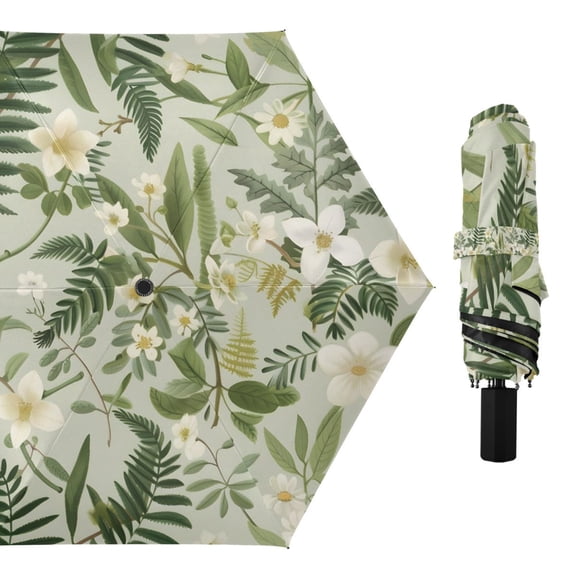 Flower and Green Leave Compact Sun Umbrella Windproof Travel Umbrellas for Rain Strong Portable UV Protection