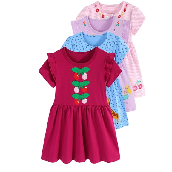 HWJAD Summer Cotton Dress for Toddler Girls Cherry Applique Short Sleeve Kids Girl A-line Casual Play Dresses