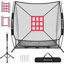 7x7 ft Baseball & Softball Practice Net with Bow Frame for Batting, Hitting, Pitching, Portable Baseball Throwing Net with 2 Strike Zone Batting Tee, Carry Bag, Great for All Levels