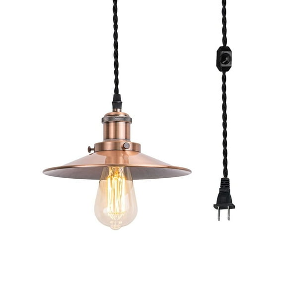 KAYYELAMP 15 Feet Dimmable Switch Plug in Cable Red Copper E26 Base with Shade Retro Design Hanging Lamp for Kitchen Bar Bedsides(No Bulb)