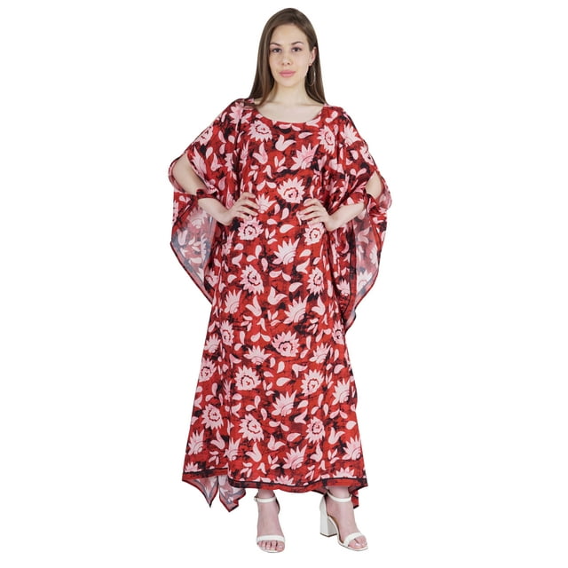 Moomaya Boat Neck Caftan Rayon Cover Up Printed Cold Shoulder Kaftan Maxi Dress