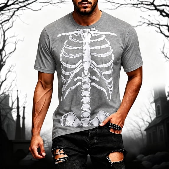 Tfken T-Shirts For Men Halloween Skeleton Graphic Short Sleeve Tees T Shirt Casual Crewneck Tops Tshirts Male Lightweight T-Shirts Clothes Size Xxxl Gray