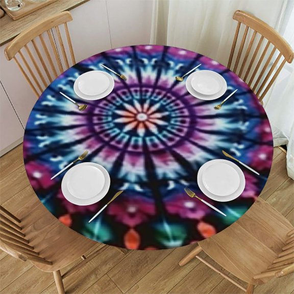 HAOXIT Tie Dye Round Fitted Tablecloth,, Elastic Edge, Suitable for Kitchen Party Picnic, Fit for Round Table 31-35