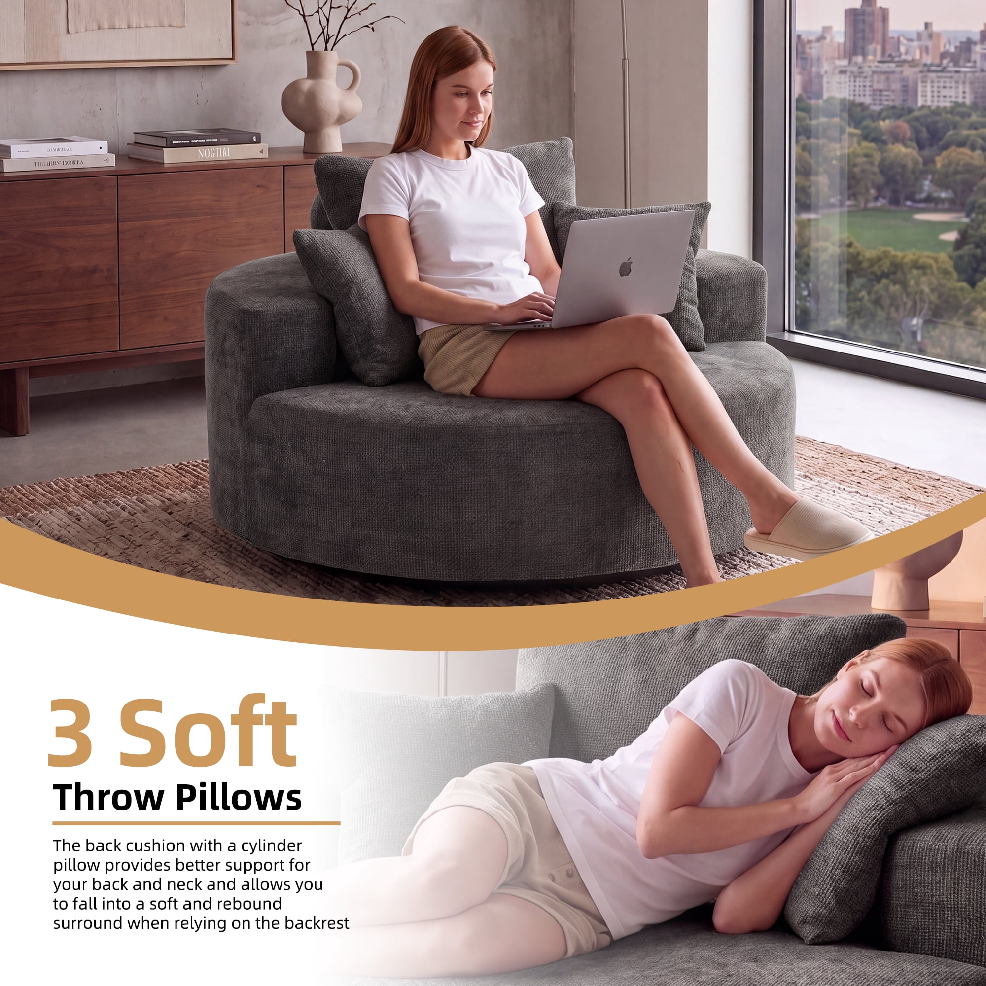 Aukfa 55" Oversized Round Chaise Lounge Chair, Chenille Lounge Sofa with 3 Pillows & Wide Armrests,Gray