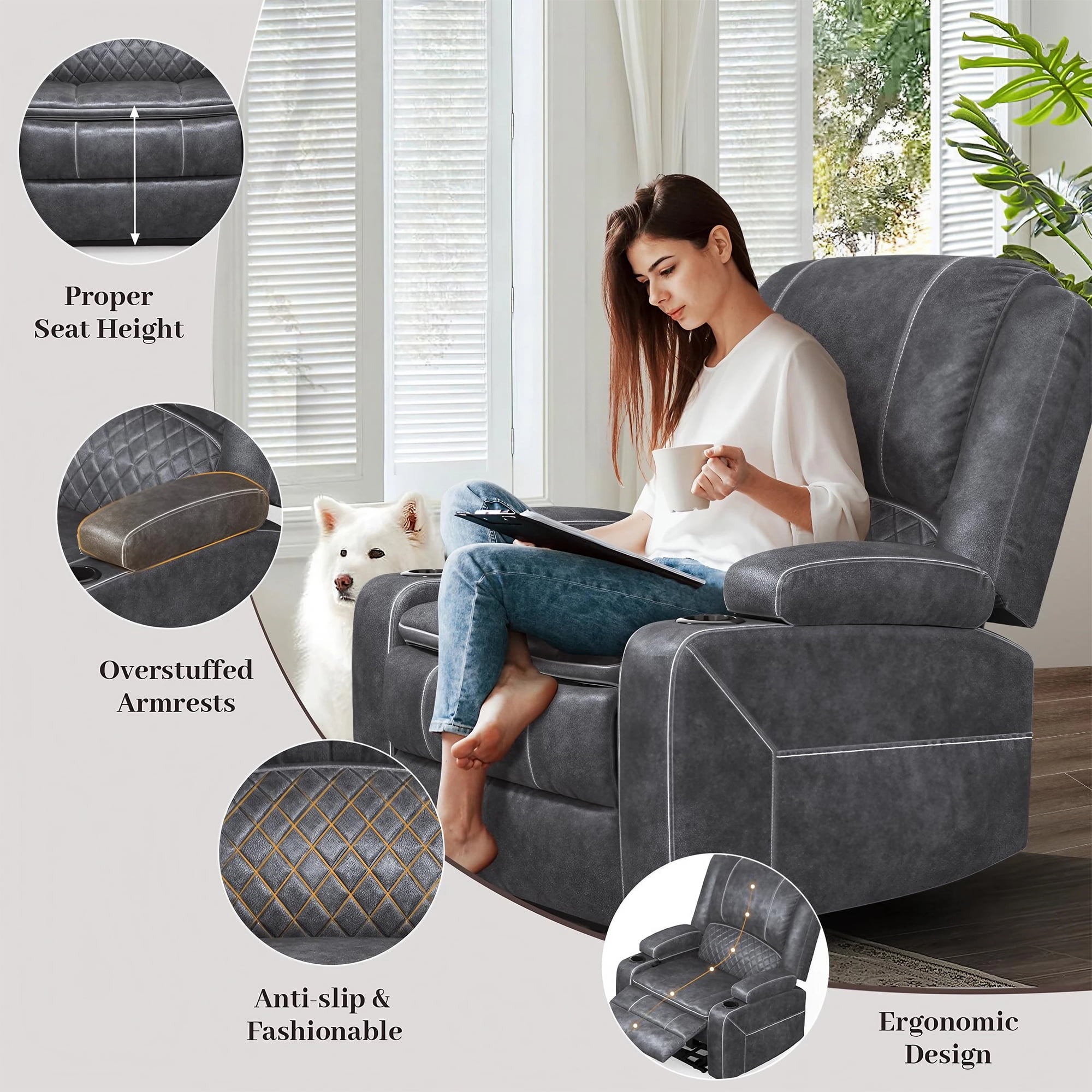 LOBERFVE Recliner for Adults, Oversize Manual Reclining Chairs with 2-Tier Cushions, Faux Leather Recliner Chairs with Hidden Storage Space, Living Room Recliner Chairs with Cup Holders, Gray