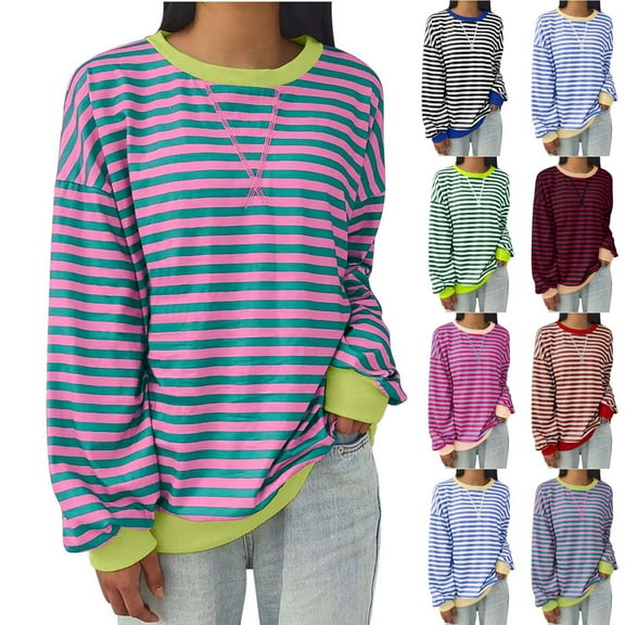 Meichang Women Oversized Striped Crewneck Sweatshirt Long Sleeve Color Block Pullover Tops Casual Loose Spring Shirts