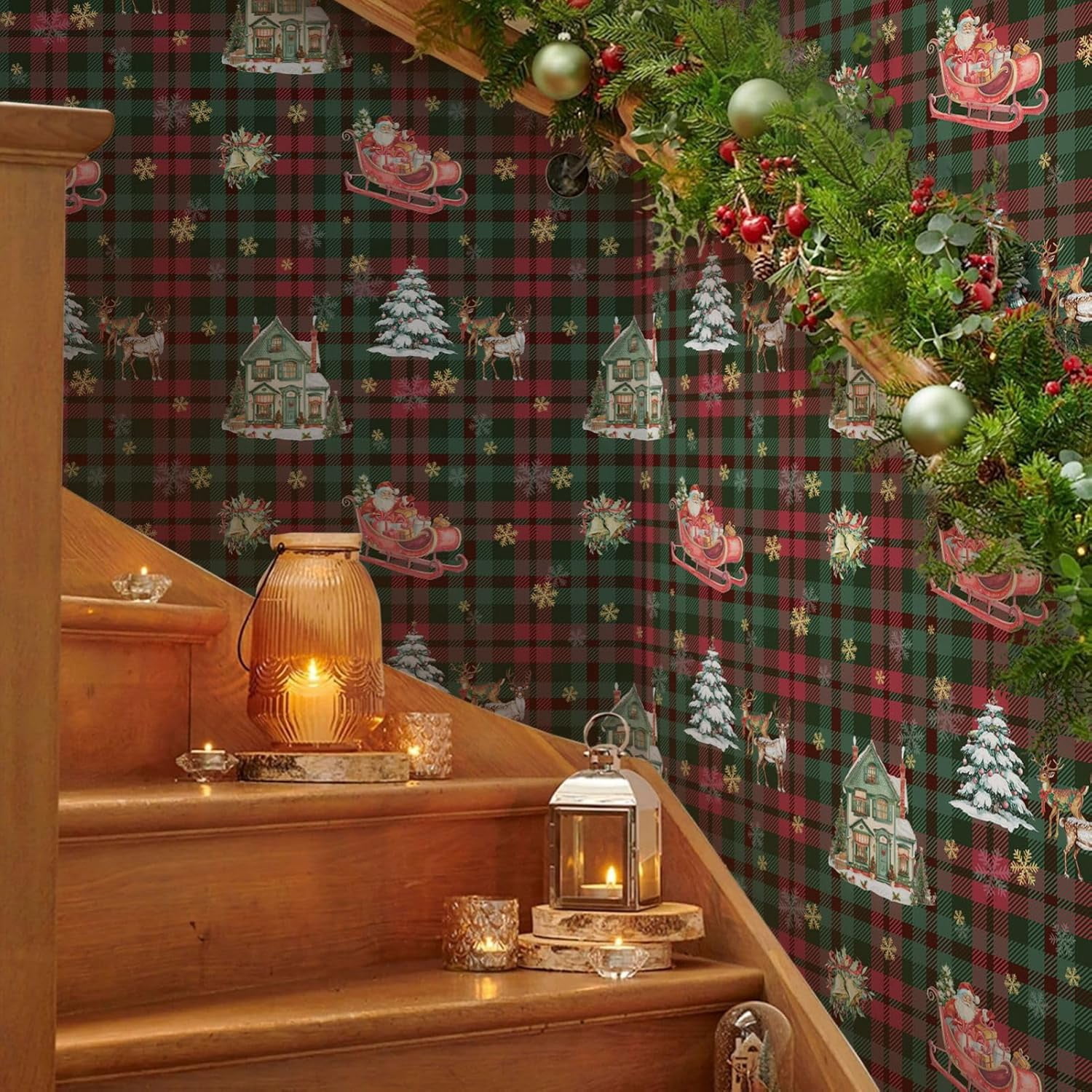 Christmas Contact Paper Removable Self-Adhesive Wallpaper 17.3"x118" Green and Red Waterproof Christmas Peel and Stick Wallpaper for Bedroom Window Fireplace Indoor Decoration