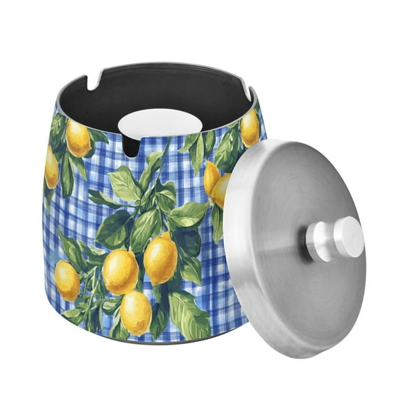 Yayeee Ashtray with Lid for Cigarette Smokeless Stainless Steel Home Ash Holder, Green Lemon Plaid
