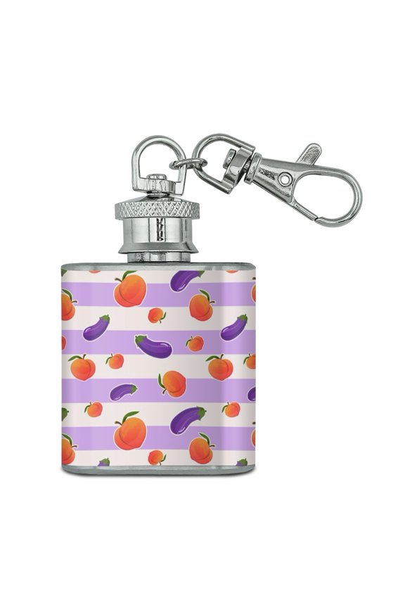 Cute Peaches and Eggplants on Stripes Pattern Stainless Steel 1oz Mini Flask Key Chain