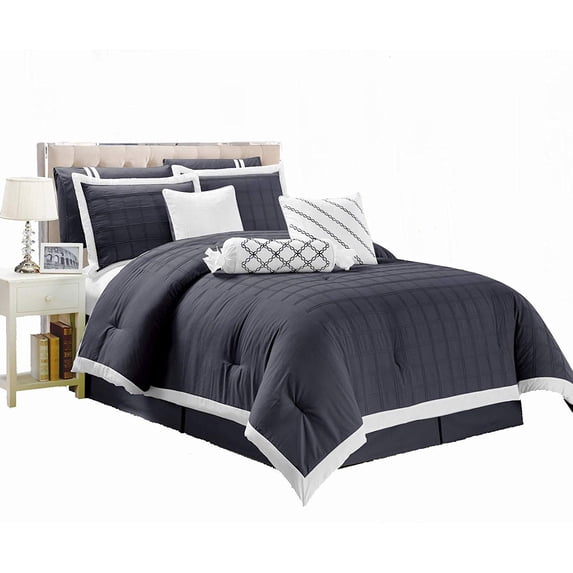 Legacy Decor 9 pc Pleated Microfiber Comforter Set, Dark Grey and White Color, Full Size